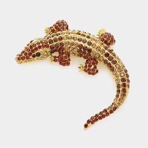 Brown Crocodile Alligator Pave Crystal Bling 4" Brooch Pin Accessory Rhinestone